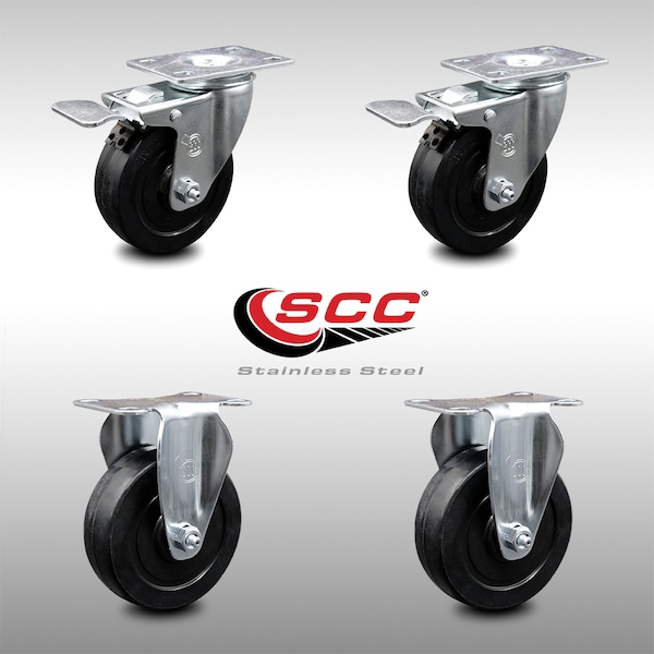 4 Inch SS Soft Rubber Wheel Top Plate Caster Lock Brake 2 Rigid SCC, 2PK